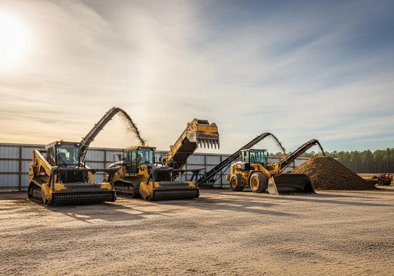 Heavy equipment and mulching machinery staged on a cleared job site, ready for land clearing operations.