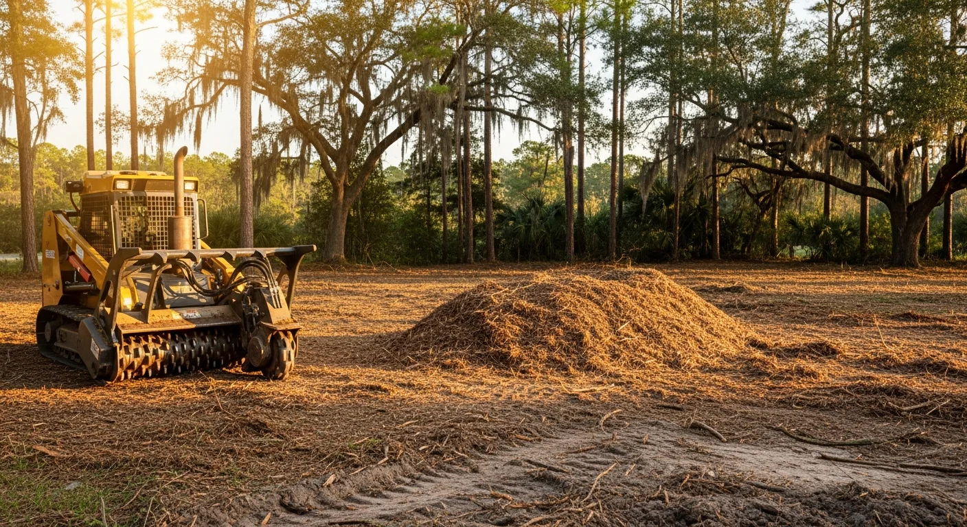 Forestry mulching equipment processing trees and brush into mulch on a cleared property