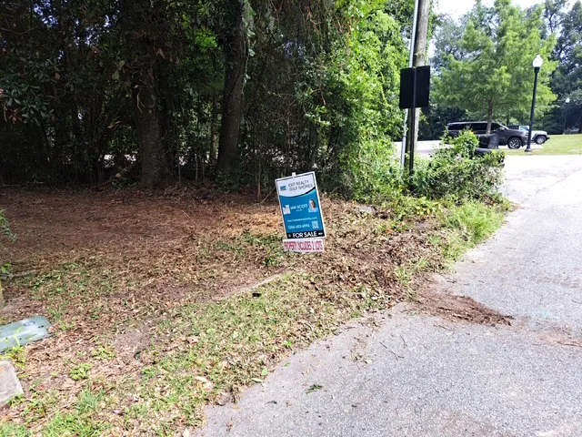 Cleared property edge with mulched ground, mature trees, and clean driveway access