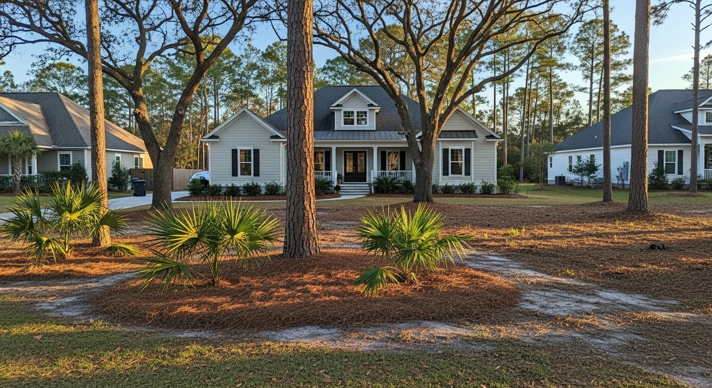 Coastal Baldwin County home with Gulf breeze and mature landscaping, showing residential exterior in warm afternoon light.