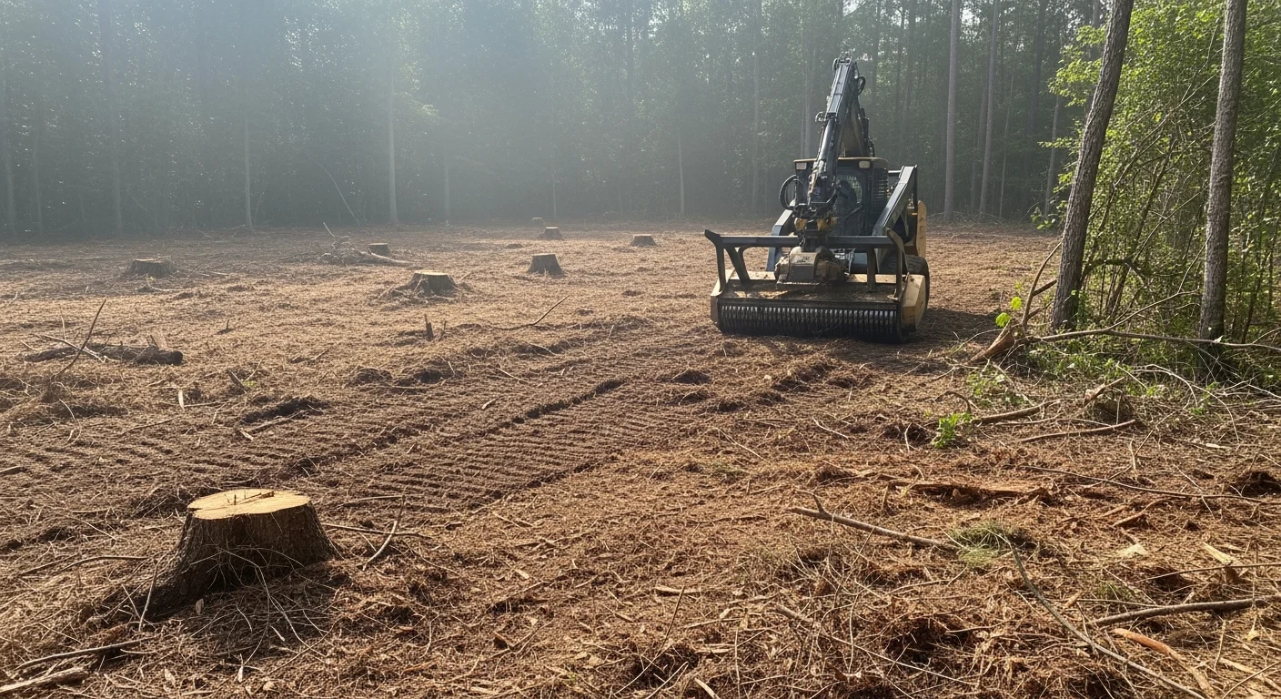 A Baldwin County, Alabama property after forestry mulching brush removal, showing cleared ground with a layer of shredded mulch and open sight lines where dense overgrowth previously stood. A tracked mulching machine is visible at the edge of the remaining tree line.