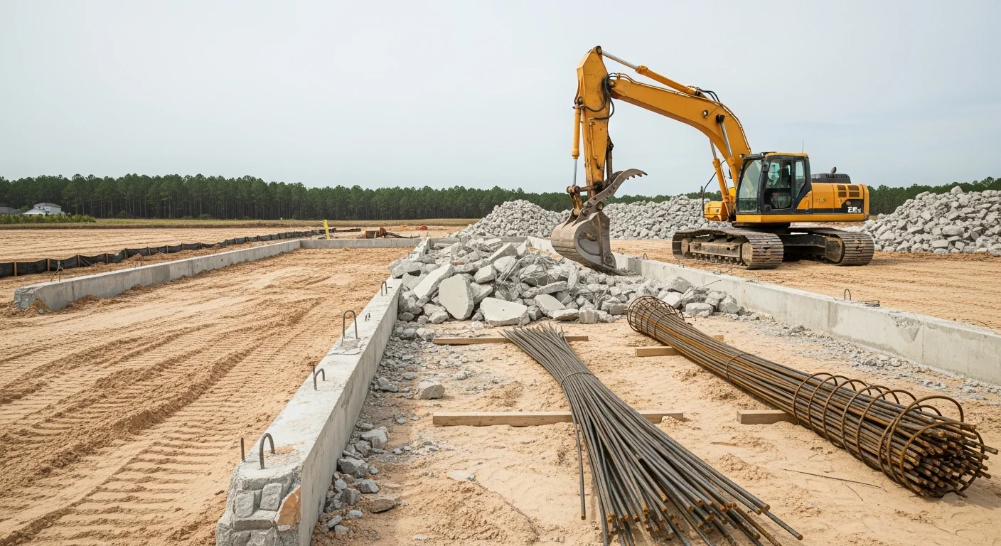 A cleared commercial lot in Baldwin County, Alabama after full structural demolition, with debris removed and the ground graded flat. Heavy equipment is staged on site near the finished pad, ready for the next phase of construction.