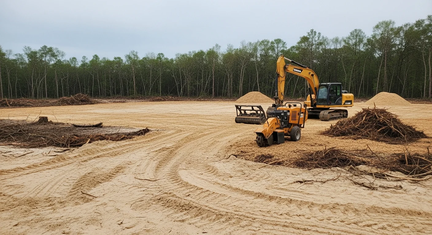 A large commercial parcel in Baldwin County, Alabama after professional land clearing, showing a flat, debris-free building pad with stumps removed and rough grading complete. Sandy coastal soil is visible across the cleared site, with tree lines preserved along the property boundary.