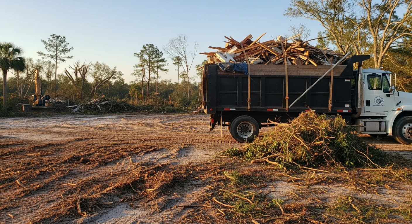 A cleared residential lot in Baldwin County, Alabama with a debris hauling truck loaded with storm-damaged tree limbs and land-clearing waste. The surrounding property is open and free of brush piles following a Coastal Mulching and Clearing debris removal job.