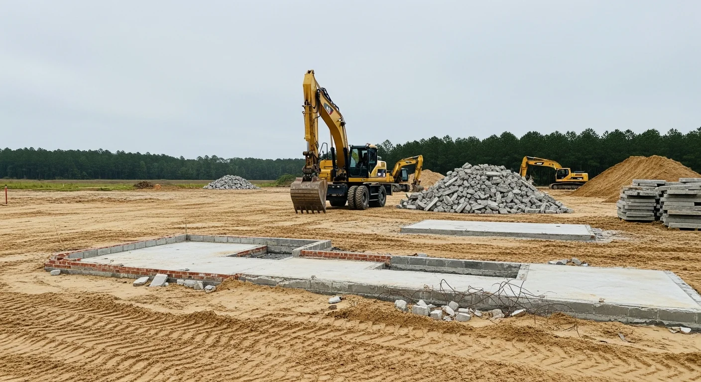 A cleared residential lot in Baldwin County, Alabama after full structure demolition, showing level graded ground with debris removed. A compact excavator sits at the edge of the clean site ready for the next phase of construction.