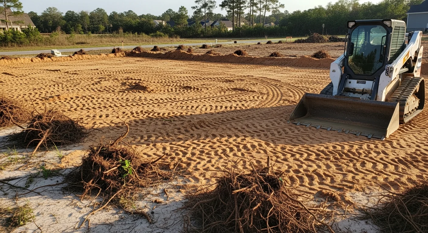 A tracked heavy equipment machine operated by Coastal Mulching and Clearing clearing dense brush and trees on a Baldwin County, Alabama property. The cleared foreground shows stable, graded soil ready for site preparation work.