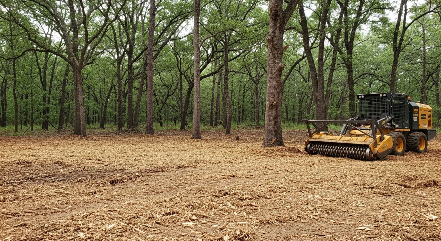 A forestry mulching machine clearing dense brush and invasive vegetation on a wooded Baldwin County, Alabama property. The cleared ground shows a layer of fresh wood mulch with mature trees left standing.