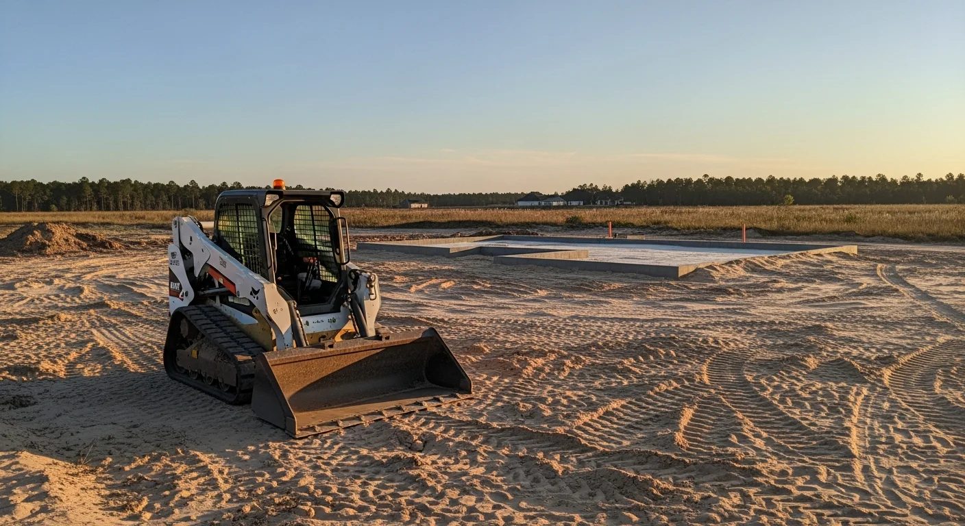 Heavy equipment grading a cleared residential lot in Baldwin County, Alabama, with shaped soil slopes and erosion controls visible along the site perimeter. The graded surface is compacted and ready for foundation or driveway installation.