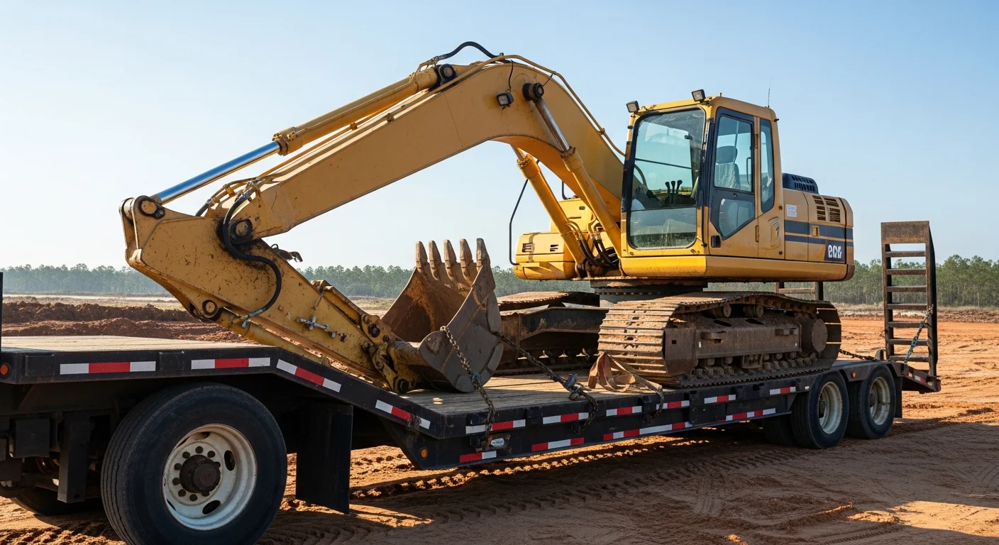 A heavy equipment trailer carrying a tracked excavator on a rural Baldwin County, Alabama road lined with pine trees and sandy shoulders. The load is secured with chains and binders ahead of a land clearing job site.
