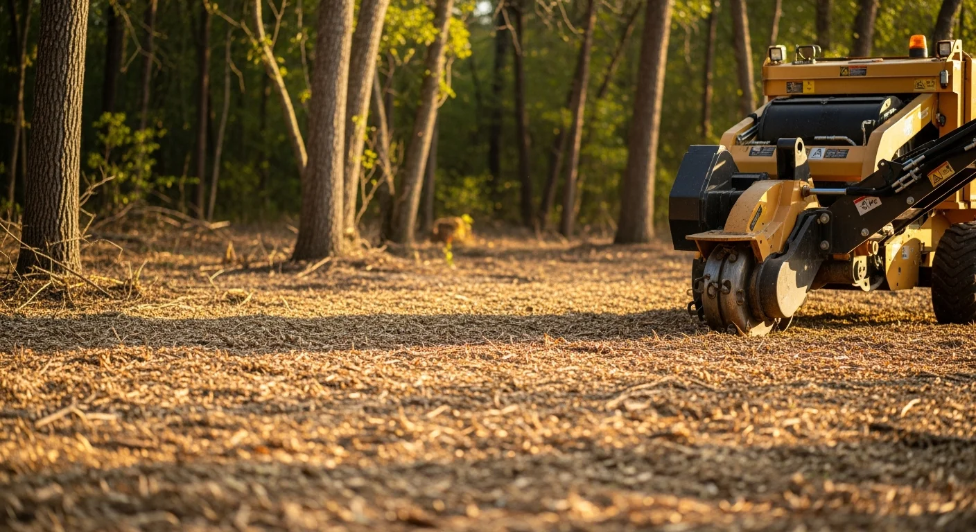 A forestry mulcher clearing a dense stand of kudzu and Chinese privet on a rural Baldwin County, Alabama property. The foreground shows freshly shredded mulch on the ground with native trees left standing in the background.