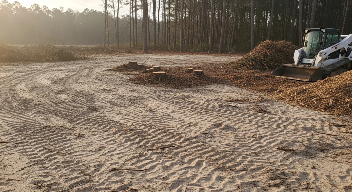 A freshly cleared residential lot in Baldwin County, Alabama showing removed brush, stumps, and trees with bare sandy soil ready for construction. A forestry mulching machine sits at the edge of the cleared area with dense coastal vegetation visible in the background.
