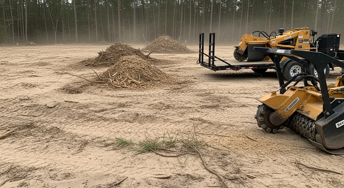A freshly cleared residential lot in Baldwin County, Alabama, with trees, stumps, and brush fully removed and sandy soil exposed and leveled. A forestry mulching machine is visible at the edge of the cleared area near remaining tree line.