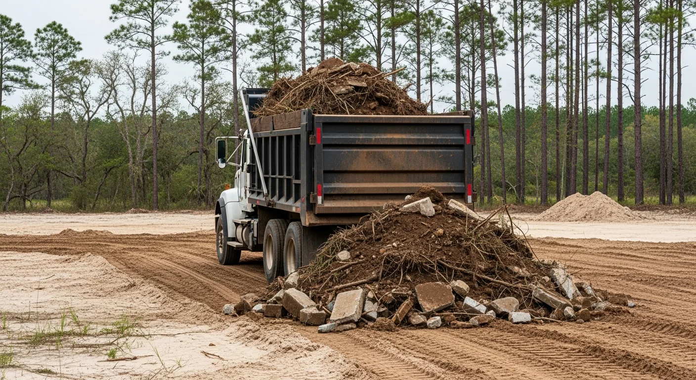 A dump truck loaded with cleared debris and fill dirt on a Baldwin County, Alabama job site with sandy coastal soil visible in the foreground. The site has been freshly cleared and graded, with tree lines visible at the property boundary.