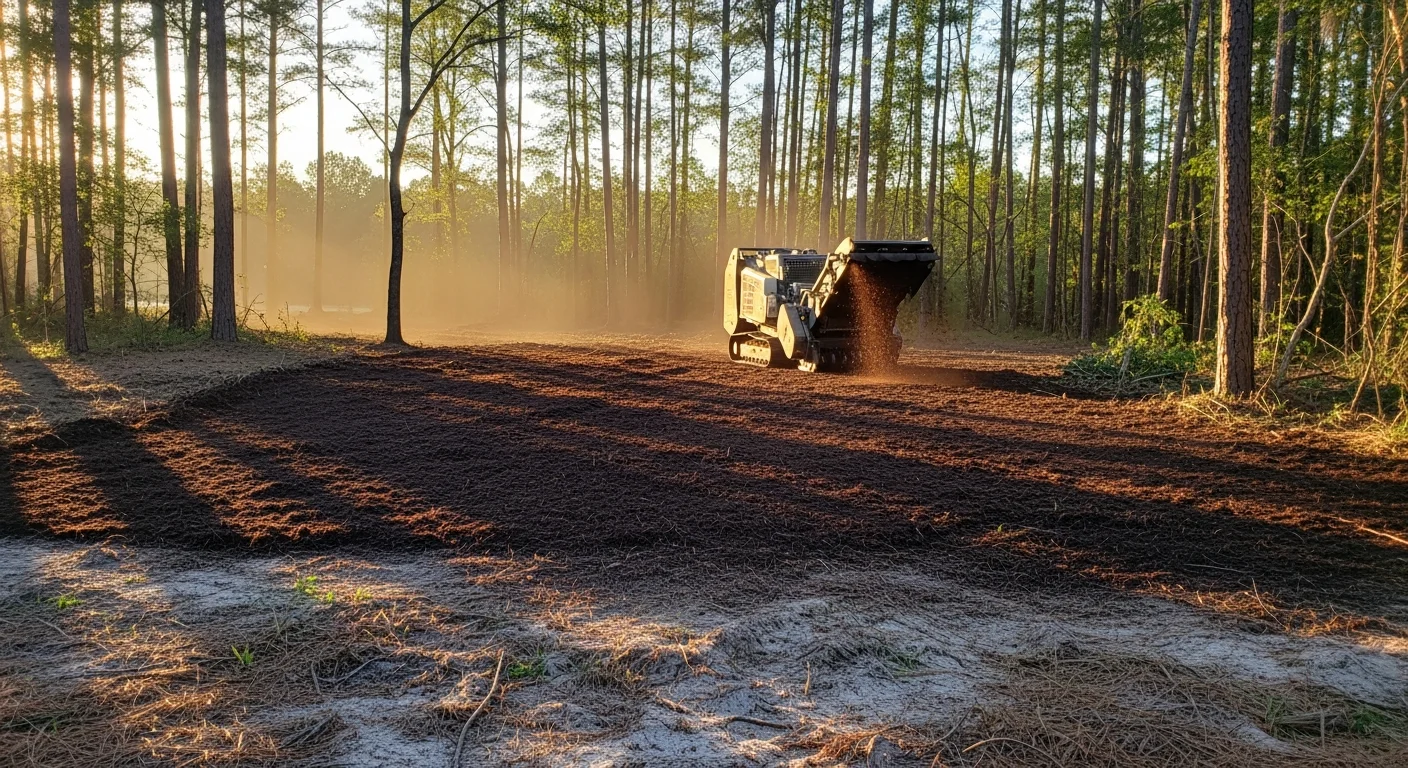 A Baldwin County, Alabama property after forestry mulching overgrown property cleanup, showing cleared ground with a layer of wood mulch and open space where dense brush and vines previously blocked access. A tree line at the property edge remains intact.