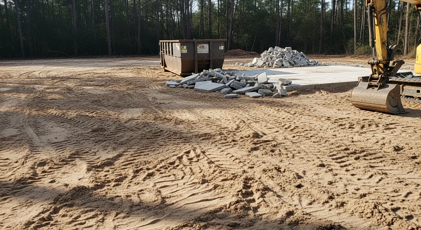 A cleared residential lot in Baldwin County, Alabama after full structure demolition, with debris removed and ground rough-graded. A Coastal Mulching and Clearing excavator is visible at the edge of the site with no remaining structure or debris on the property.