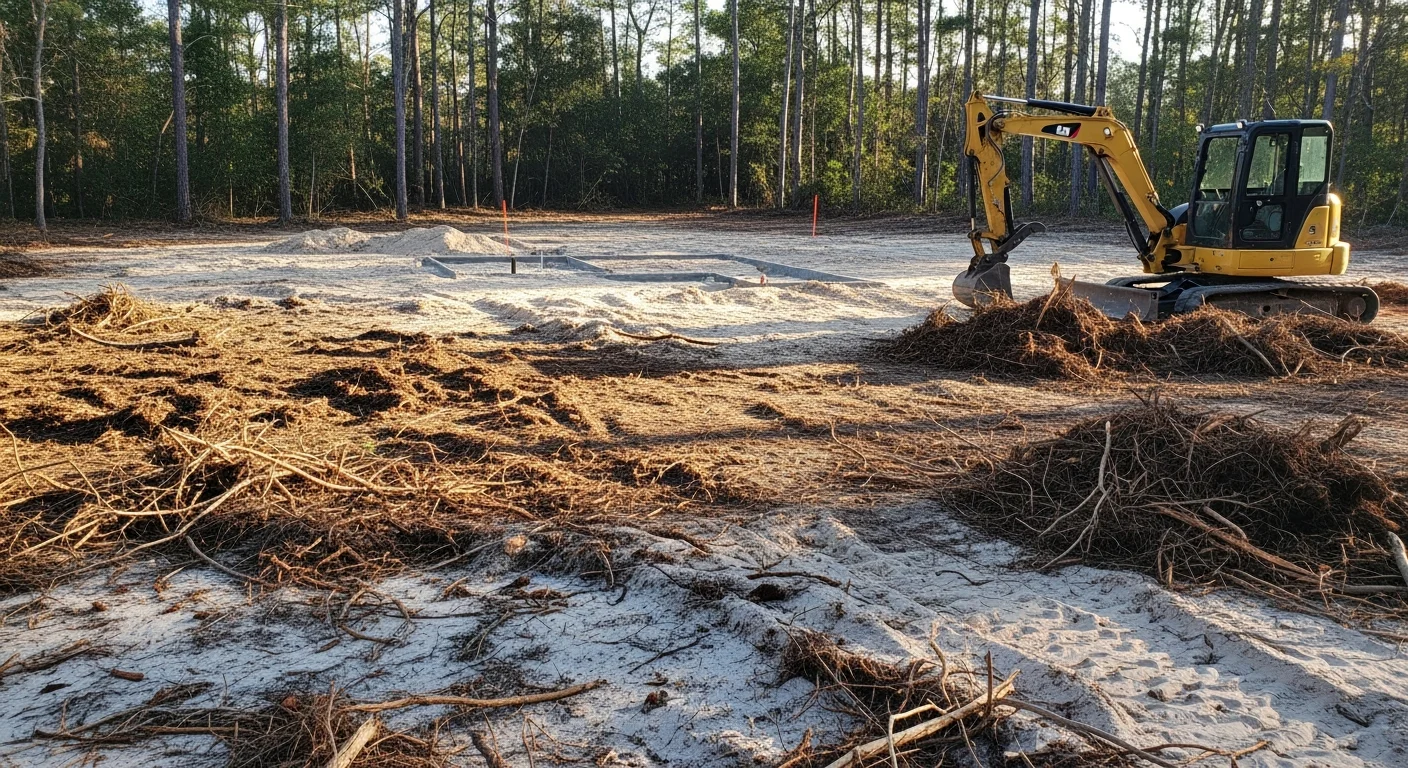 A freshly cleared residential lot in Baldwin County, Alabama showing bare ground with stumps removed and tree lines preserved along the property edge. Heavy equipment tracks are visible across sandy soil on a sunny Gulf Coast day.