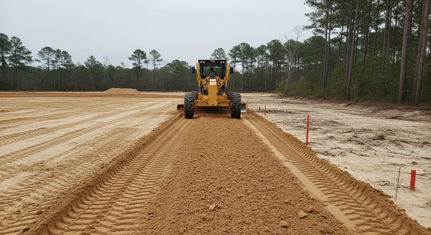 Heavy equipment operator finish grading a cleared residential lot in Baldwin County, Alabama, with smooth compacted soil and shaped drainage slopes visible across the site. Sandy coastal soil is exposed and ready for foundation or driveway work.