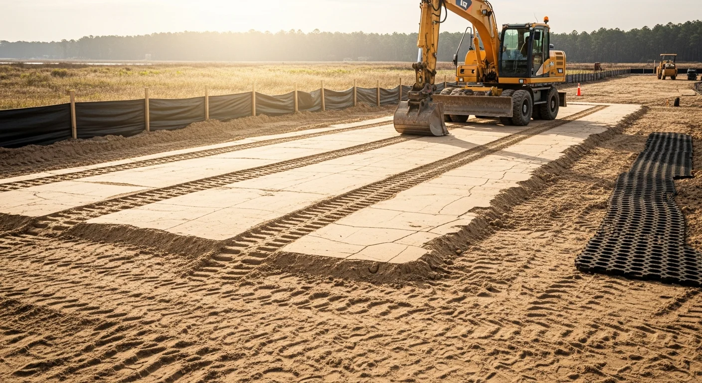 A freshly graded and compacted build site on a residential lot in Baldwin County, Alabama, with cleared vegetation, smooth soil surface, and visible drainage slope. Heavy equipment tracks are visible across the prepared pad, ready for foundation work.