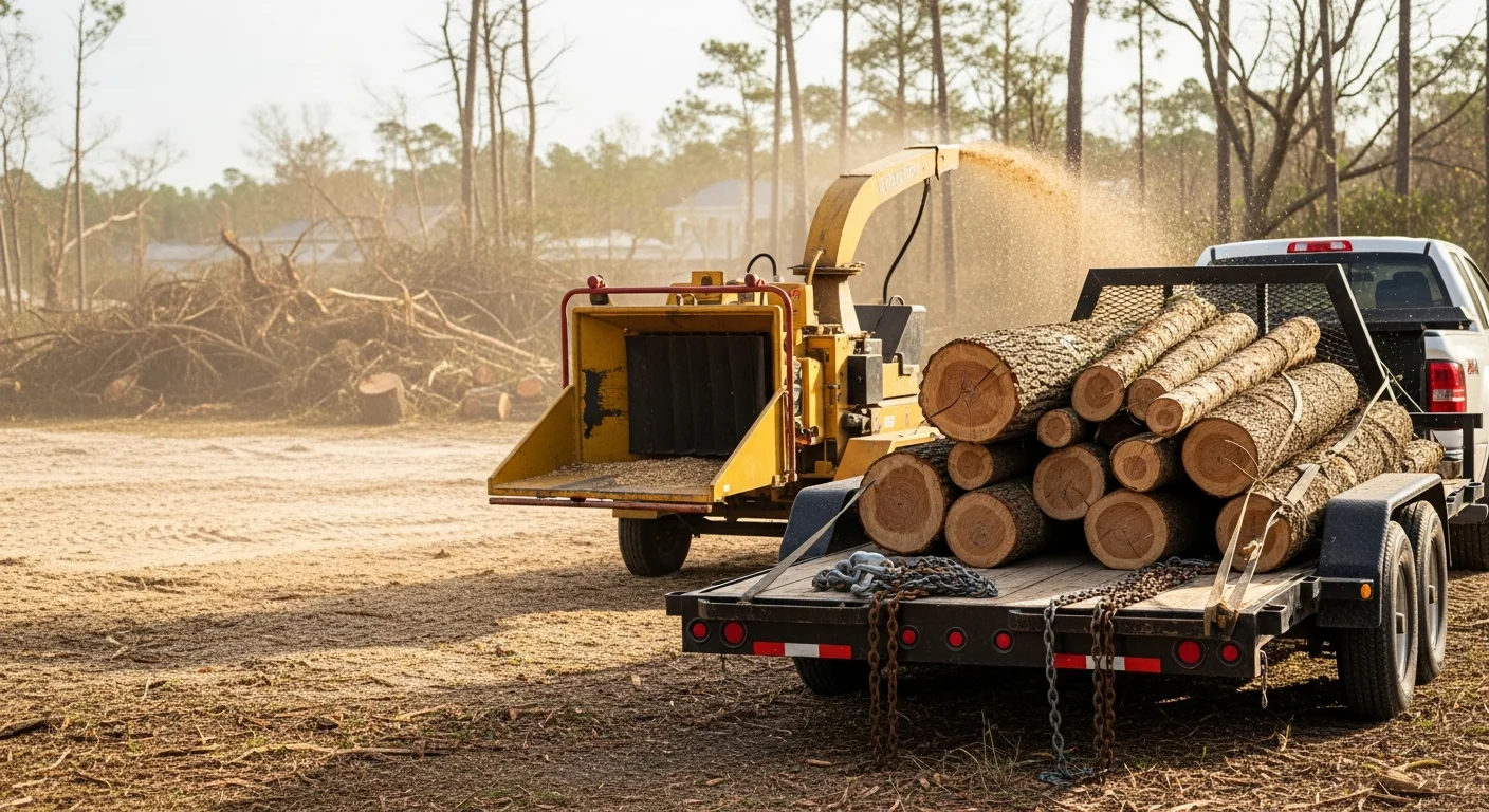 A Baldwin County, Alabama residential yard after storm debris removal, showing a cleared driveway and open lawn where fallen pine trees and broken limbs have been hauled away. A Coastal Mulching and Clearing crew works in the background loading remaining brush onto a commercial truck.
