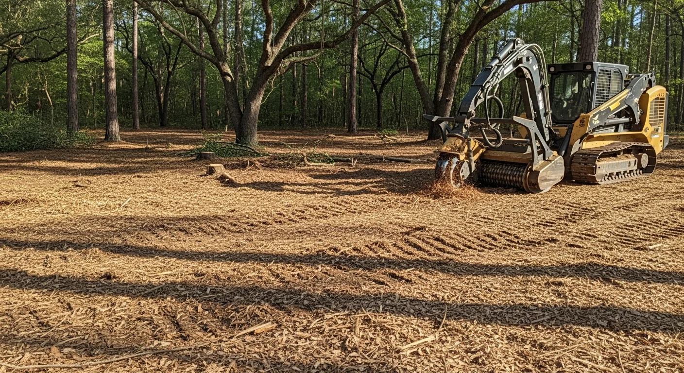 A forestry mulcher clearing dense trees and brush on a rural Baldwin County, Alabama property, leaving a clean ground layer of wood chip mulch. The surrounding mature pine trees remain standing while thick understory growth has been removed.